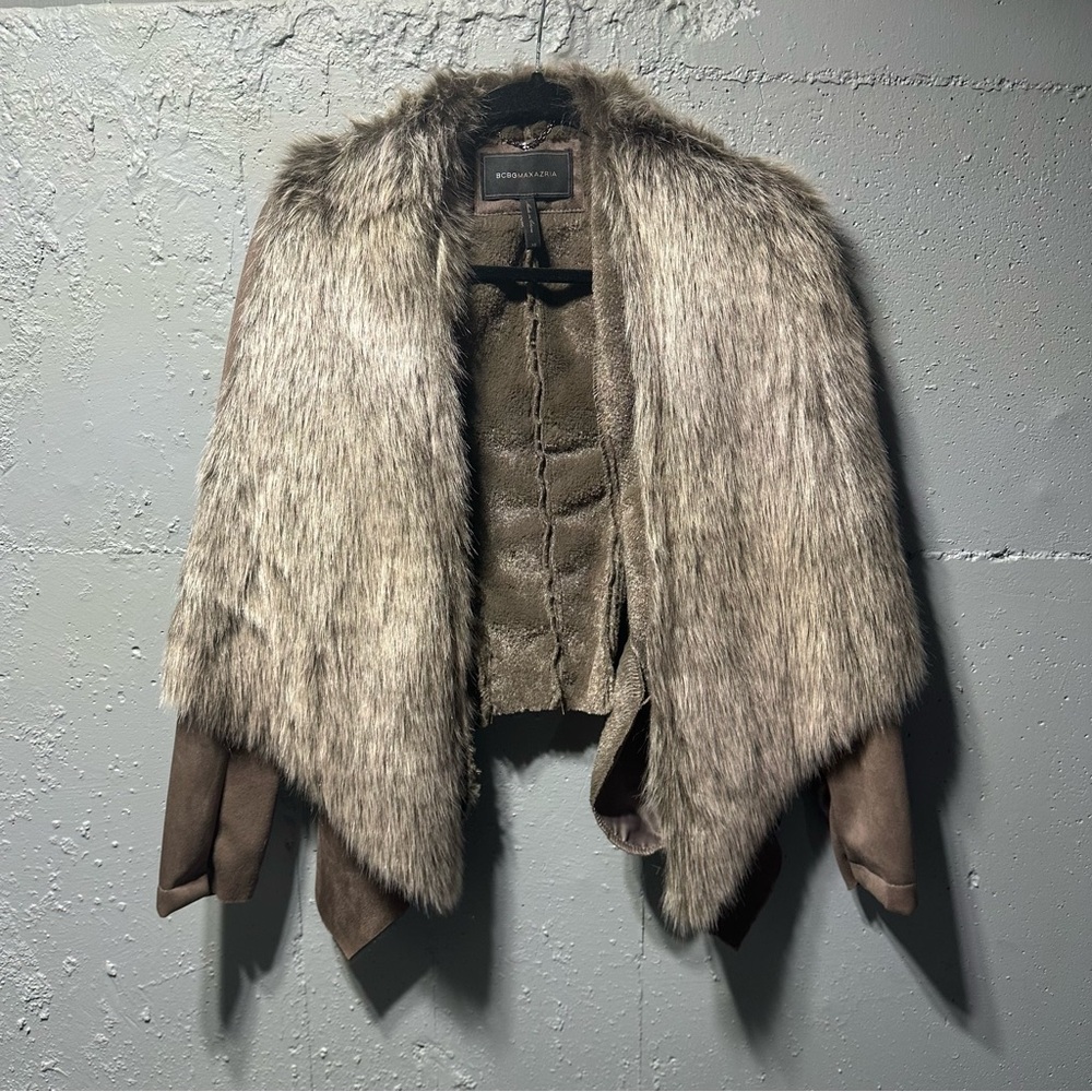 BCBGMaxAzria Faux Fur and Suede Cape in Brown and Gray